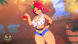 alternate_breast_size andou_ringo animated apple barrel belt black_panties cleavage denim_shorts drill_hair green_eyes hair_ornament hand_on_hip large_breasts large_thighs logo_parody loluncc looking_at_viewer micro_shorts midriff navel no_sound noticing polka_dot puyo_(puyopuyo) puyo_puyo puyo_puyo_7 puyo_puyo_fever red_hair seductive shorter_than_10_seconds standing swaying_hips tagme tied_shirt twintails video wristband