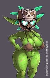 big_breasts blue_sclera bottomless breasts brown_clothing brown_topwear clothed clothing daughter_of_the_void eyewear female genitals glasses goblin goblin_female green_body green_skin grey_background hand_on_hip huge_breasts humanoid humanoid_pointy_ears looking_at_viewer mask navel nipple_outline pussy shaved_pussy shaybabe simple_background solo text thick_thighs tithea_(dotv) topwear white_eyes wide_hips