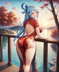 1girls :d ai_generated aimoonshine alternate_costume aqua_(konosuba) ass autumn_leaves back back_cutout bangs blue_eyes blue_hair blush breasts butt_crack china_dress chinese_clothes clothing_cutout dress dress_inside_ass female female_only from_behind hair_ornament hair_rings kono_subarashii_sekai_ni_shukufuku_wo! lake large_breasts long_hair looking_at_viewer looking_back open_mouth outdoors ponytail qipao red_dress river short_sleeves single_hair_ring sky smile solo sunset thighs tree water