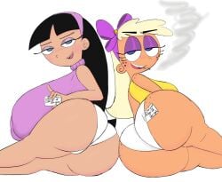 2girls allagainstyou black_hair blonde_hair blue_eyes chloe_carmichael cigarette gigantic_breasts huge_breasts id_card large_ass looking_at_viewer lying lying_on_side nickelodeon on_side simple_background smoking smoking_cigarette the_fairly_oddparents trixie_tang white_background