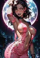 ai_generated areola_slip black_hair black_jacket black_lipstick blush choker ear_piercing earrings goth goth_girl green_eyes large_breasts makeup manofmidas marnie_(pokemon) pink_dress pokemon pokemon_swsh red_ribbon sideboob underboob