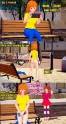 2girls ass bench blue_eyes bottomless bottomless_female breasts brown_hair clothed_female_bottomless_female covering_crotch embarrassed_nude_female female female_only full_body kneesocks koikatsu long_sleeves medium_hair monica_and_veronica nintendo_switch orange_hair pants pants_rip prank red_shirt red_skirt retropunch senftember senftember_(2024) shirt short_sleeves sneakers socks striped_knee_socks tagme veronica_(monica_and_veronica) yellow_shirt zally_(zarnacius)