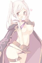 bikini blush breasts female fire_emblem fire_emblem_awakening fire_emblem_heroes gloves long_hair nipples open_mouth panty_pull pussy robin_(female)_(summer)_(fire_emblem) robin_(fire_emblem) robin_(fire_emblem)_(female) smile swimsuit teu_(navy) white_background white_hair