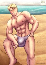 bara beach blonde_hair blue_eyes bulge dead_dating facial_hair karl_[yaroslav] large_penis muscular muscular_male short_hair solo_male speedo swimwear winking yunartsn