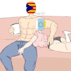 big_ass big_breasts canary_islands_(countryhumans) catalonia_(countryhumans) countryhumans countryhumans_girl flawsystyle muscular_male