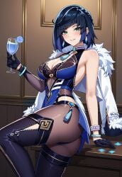 1girls ai_generated big big_ass black_legwear condom_wrapper drinking green_eyes smiling thick_thighs yelan_(genshin_impact)