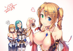 2017 3girls ^_^ ^o^ annoyed aqua_hair armlet armor asymmetrical_bangs bangle bangs bare_shoulders between_breasts black_bodysuit blonde_hair blue_eyes blue_skirt blush bodysuit bracelet breasts brown_belt circlet cleavage closed_eyes closed_mouth collarbone commentary_request covered_navel dated detached_collar earrings eyebrows_visible_through_hair female fingernails furrowed_eyebrows gem glasses green_eyes grin hair_between_eyes hair_ribbon hairband head_tilt heart heterochromia holding hyui_cf2 jewelry large_breasts liesesophis_h_saintgrand long_hair long_sleeves looking_at_another looking_at_viewer medium_breasts multiple_girls nipples nose_blush object_between_breasts off-shoulder_shirt open_mouth original parted_bangs pasties pauldrons red_ribbon revealing_clothes ribbon ring see-through shawl shiny shiny_hair shirt siblings signature simple_background sisters skirt smile squiggle standing tassel tassels twins twintails underbust wavy_mouth white_background white_hairband white_shirt white_skirt yuki_(hyui_cf2) yuri_(hyui_cf2)