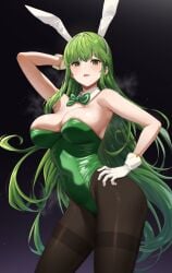 arm_behind_head bunny_ears bunnysuit fire_emblem fuooooo gloves green_eyes green_hair hand_on_hip large_breasts leggings leotard long_hair palla_(fire_emblem) sweat tight_clothing tights