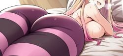 1girl :d aged_up ai_generated ass ass_focus beatrice_(re:zero) bed blonde_hair blush breast_press breasts clothing female gradient_hair huge_ass indoors large_breasts legwear light-skinned_female light_skin long_hair looking_at_viewer looking_back lying multicolored_hair on_bed on_stomach open_mouth pantyhose pillow pink_hair re:zero_kara_hajimeru_isekai_seikatsu sideboob smile smug solo striped striped_pantyhose sweat thick_thighs thighs tight topless two-tone_hair