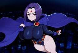 ai_generated city dc dc_comics female flying grey_body large_breasts mullon night novelai purple_eyes purple_hair rachel_roth raven_(dc) solo teen_titans