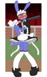 1boy anthro balls baseball_bat bat_(object) big_penis biped blush bodily_fluids clothed clothing crossdressing erection eyebrows genital_fluids genitals glans glitch_productions hi_res humanoid_genitalia humanoid_penis jax_(tadc) jax_(the_amazing_digital_circus) lagomorph maid_jax_(the_amazing_digital_circus) maid_uniform male male_only mammal munkeesgomu penis precum purple_body solo the_amazing_digital_circus uniform