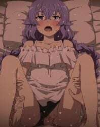 1boy 1girls bed_sheet black_panties blood blush braid censored clothing_aside collarbone defloration female hair_between_eyes long_hair looking_at_viewer lying missing_limb mosaic_censoring mushoku_tensei on_back open_mouth panties panties_aside penis pillow pov purple_eyes purple_hair roxy_migurdia rudeus_greyrat sex shirt short_sleeves solo_focus straight tears thigh_grab tomu_(tomubobu) twin_braids underwear vaginal_penetration white_shirt