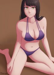 big_breasts black_hair breasts cleavage female kneeling looking_at_viewer purple_bikini sitting yellow_eyes zoryc