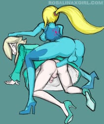 crossover digitallydeviant doggy_style dress_lift futa_on_futa futanari hand_on_head intersex latex latex_bodysuit latex_boots latex_breasts latex_clothing latex_futa latex_gloves latex_legwear latex_nipples latex_suit mario_(series) metroid nintendo princess_rosalina samus_aran super_mario_galaxy super_smash_bros.