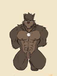 abs anthro brown_eyes canid canine canis captured erof_(far_beyond_the_world) far_beyond_the_world_(series) genitals male mammal muscular muscular_male naked nipples nude penis scar solo underwear wolf