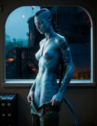 1girls abs absurd_res ai_generated alien alien_girl alien_only avatar avatar:_the_way_of_water blue_skin camo_pants camo_print closed_eyes na'vi nude pants photoshop removing_clothing shirtless stable_diffusion synth_canvas undressing z-dog zdinarsk