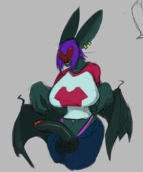 anthro ass bat big_breasts big_butt big_ears big_nose breasts clothed clothing dickgirl facial_piercing hair intersex mammal piercing septum solo terra_the_bat thick_thighs tired toxicempress3 wide_hips