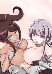 1boy 2girls asahina_aoi bareisyotaro big_breasts blue_eyes breasts brown_hair clothed danganronpa danganronpa:_trigger_happy_havoc dark_skin double_paizuri erect_nipples female gloves grey_eyes grey_hair kirigiri_kyouko long_hair looking_at_viewer male multiple_girls multiple_paizuri nipples open_mouth paizuri partially_clothed penis sex smile straight_hair teeth threesome tongue tongue_out_piercing