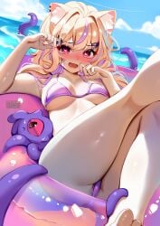 animal_ears ass beach bikini blonde_hair blush breasts cat_ears cat_girl cat_tail cloud day eyebrows_visible_through_hair female hair_ornament long_hair looking_at_viewer lying medium_breasts multicolored_hair nose_blush ocean open_mouth outdoors purple_bikini sky solo squchan squchan_(vtuber) swimsuit tail tentacle vyugen