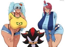 1boy 2024_pokemon_teraleak 2girls alternate_breast_size big_breasts blue_eyes blue_hair brazilian brazilian_female brazilian_miku crop_top crossover denim denim_shorts earrings flower_in_hair furry gloves hatsune_miku hedgehog huge_breasts huuro_(pokemon) i_just_love_latinas_sonic latina navel necklace omikami pokemon pokemon_bw red_eyes red_hair ring shadow_the_hedgehog shorts skintight skyla_(pokemon) sonic_(series) sonic_the_hedgehog_(series) sunglasses sunglasses_on_head tagme tan_body tanline thong thong_bikini turtleneck twintails vocaloid wrist_rings