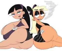 2girls aged_up allagainstyou big_ass black_clothing black_hair black_underwear blonde_hair blue_eyes chloe_carmichael cigarette fairly_odd_parents fat_ass freckles_on_ass gigantic_breasts goth goth_girl huge_breasts id_card large_ass long_hair looking_at_viewer lying lying_on_side makeup nickelodeon on_side presenting_hindquarters punk_girl short_hair simple_background smoking smoking_cigarette spiked_collar the_fairly_oddparents trixie_tang white_background