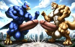 abs ai_generated angry anthro anthro_only avian bodybuilder bulging_biceps canine city clawed_toes cum_flood cum_splatter destruction digitigrade erection excessive_cum excessive_genital_fluids extreme_muscles falco_lombardi falcon fight flexing flooding fox fox_mccloud gay genital_fluids genitals hyper hyper_balls hyper_penis macro male male/male muscle_growth muscle_tone muscular muscular_anthro muscular_males nai_diffusion nintendo outdoors pectorals sexfight standing star_fox theblockhead veiny_penis