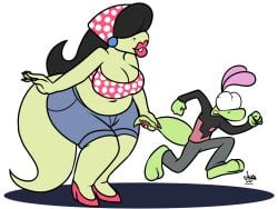 2d anthro aunt aunt_and_nephew belly black_hair chubby chubby_female covered_eyes cute digital_media_(artwork) female grabbing grabbing_from_behind grabbing_tail green_body heels jamearts jeanie_(jamearts) jewelry jimmy’s_sloppy_life jimmy_(jamearts) legs lizard lizard_girl lizard_tail lizardman male medium_breasts nails nails_painted nephew polka_dot red_nails running_away scalie size_difference smile smiling tail thick_legs thighs transparent_background