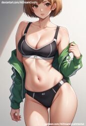 2d ai_generated aidreamcrush bra breasts cleavage clothes eyes female hair jacket lips navel panties solo thick thighs underwear