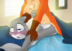 2017 ambiguous_penetration anthro ass bed bedroom blush breasts disney domination duo ear_grab female from_behind_(disambiguation) from_behind_position fur interspecies judy_hopps lagomorph lying male mammal morning mrponeswildride nick_wilde nude on_bed on_front open_mouth penetration pinned purple_eyes rabbit sex size_difference small_breasts straight zootopia