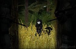 1girls 2boys 3d anthro armed big_breasts black_fur black_hair black_tail blurred_background blurry_background bushes canine chaos_insurgency clawed_fingers claws completely_nude completely_nude_female cryptiacurves cryptid day daytime female_focus foliage forest forest_background furry furry_female furry_only half-closed_eyes hiding hiding_behind_tree hollow_eyes looking_at_viewer mal0 mal0_(species) monster monster_girl scp-1471 scp_foundation sitting sitting_on_rock skull_face stalking staring_at_viewer thick_thighs tree wheat white_eyes white_pupils