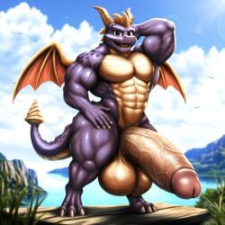 3_toes 5_fingers abs absolute_unit ai_generated anthro anthro_only bara biceps bodybuilder broad_shoulders calves cocky completely_nude digitigrade dragon dragon_boy dragon_horns dragon_tail drill_tail erection gold_scales hand_behind_head hand_on_hip hung hunk hyper hyper_balls hyper_penis looking_at_viewer male male_only muscular muscular_anthro muscular_arms muscular_ass muscular_legs muscular_male muscular_penis muscular_thighs nai_diffusion nude outdoors pectorals posing presenting_body proud proud_of_his_cock purple_body purple_eyes scalie semi-erect shameless shiny_skin solo spyro spyro_reignited_trilogy spyro_the_dragon standing swollen_balls theblockhead thick_arms thick_penis thick_thighs veiny_arms veiny_penis veiny_testicles video_games wide_hips wings