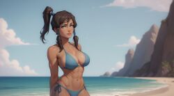 1girls ai_generated avatar_legends beach bikini_bottom black_hair blue_bikini blue_eyes blue_sky blue_swimsuit breasts brown_hair cleavage clothing curvaceous dark-skinned_female dark_skin day female female_only hair_tubes korra large_breasts lips long_hair looking_at_viewer mountain muscle muscular_female navel nickelodeon nicktoons obliques ocean outdoors ponytail side-tie_bikini_bottom side-tie_clothing side-tie_swimsuit sky smile solo stomach swimsuit the_avatar the_legend_of_korra thighs tied_hair toned water water_tribe