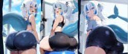 1girl ai_generated big_ass big_butt big_thighs blue_eyes blue_hair bubble_butt different_poses female_only gawr_gura hololive hololive_english hololive_myth round_ass round_butt shark shark_girl shark_humanoid shark_tail shark_teeth sharp_teeth shorts smug smug_face sweat tank_top thick_thighs tight_clothes tight_clothing tight_fit tight_pants virtual_youtuber white_hair