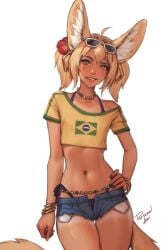 ahoge animal_ear_fluff animal_ears arm_at_side bead_necklace beads bikini bikini_under_clothes black_bikini blonde_hair bracelet brazil brazilian brazilian_female brazilian_flag_print brazilian_miku brazilian_miku_(cosplay) brown_eyes cosplay eyewear_on_head female flat_chest flower fox_ears fox_girl fox_tail green_nails hair_between_eyes hair_flower hair_ornament hand_on_own_hip hatsune_miku highres jeans_shorts jewelry khiara_(personalami) looking_at_viewer medium_hair multicolored_nails nail_polish navel necklace off_shoulder original parted_lips personal_ami personalami rectangular_earrings shirt short_hair short_shorts short_sleeves shorts simple_background smile solo sunglasses swimsuit tail tan tanlines thigh_gap twintails vocaloid white-framed_eyewear white_background yellow_nails yellow_shirt