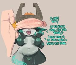 1boy 1girls aroused belly_button big_breasts blue_body brown_hair cadslime female hourglass_figure imp_midna leg_up long_hair mask masked midna penis red_eyes sitting slim_waist the_legend_of_zelda thick_thighs wide_hips