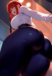 1girls ai_generated ass bangs blush breasts chainsaw_man collared_shirt eyebrows_visible_through_hair femdom from_below huge_ass large_breasts long_hair long_sleeves looking_at_viewer looking_down_at_viewer makima_(chainsaw_man) office_lady open_mouth pants racerai red_hair shirt smile solo thiccwithaq_(ai_style) thighs tight tight_pants white_shirt yellow_eyes