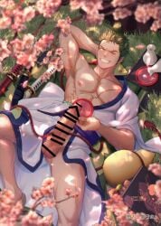 1boy armpit_hair armpits artist_request balls bara big_penis censor_bar censored censored_anus censored_penis cherry_blossoms erection grass green_hair grin holding_object kimono looking_at_viewer lying male_only muscles muscular muscular_arms muscular_male one_piece pecs roronoa_zoro sake scar scar_on_chest scar_on_face short_hair