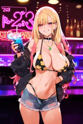 1girls ai_generated big_breasts bikini blonde_hair blush clothed club curvy curvy_female curvy_figure drink female female_focus female_only huge_breasts jewelry kitagawa_marin light-skinned_female long_hair looking_at_viewer makeup multicolored_hair piercings pink_eyes pink_hair shorts skyguyai slim_waist smile solo sono_bisque_doll_wa_koi_wo_suru