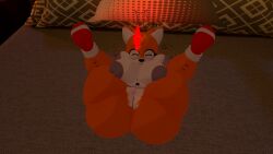 1girls bedroom big_ass big_breasts dark_room doll exposed_nipples exposed_pussy female female_only fox gem hands_on_head happy looking_at_viewer mating_press orange_body pillow rule_63 shortstack solo_female sonic_(series) stitches tails_doll tailsko_doll thick_thighs vrchat white_body