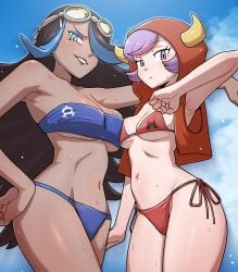 2girls adapted_costume arm_on_another's_shoulder arm_up asymmetrical_docking bandeau bikini black_hair blue_bandeau blue_bikini blue_eyes blue_hair breast_press breasts closed_mouth cloud courtney_(pokemon) cowboy_shot creatures_(company) cropped_jacket dark-skinned_female dark_skin expressionless fake_horns female game_freak goggles goggles_on_head hand_on_own_hip highres hood hood_up horned_hood horns jacket large_breasts long_hair looking_at_viewer medium_breasts multicolored_hair multiple_girls navel nintendo nutkingcall open_clothes open_jacket open_mouth outdoors pokemon pokemon_oras purple_eyes purple_hair red_bikini shelly_(pokemon) short_hair side-tie_bikini_bottom sleeveless sleeveless_jacket smile streaked_hair swimsuit wet