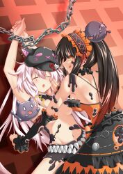 2d 2d_(artwork) 2girls black_hair bondage breasts chained chains closed_eyes date_a_live dress female female_only light-skinned_female long_hair naked naked_female oc pink_hair red_eyes tokisaki_kurumi tongue tongue_out twintails