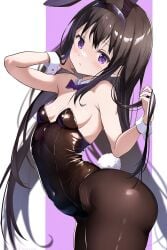 akemi_homura armpits ass bare_arms bare_shoulders belly_button_visible_through_clothing big_ass black_hair black_leotard black_pantyhose blush breasts bunny_ears bunnysuit cleavage leotard long_hair mahou_shoujo_madoka_magica nagare_(flow) pantyhose parted_lips purple_eyes ribbon sideboob small_breasts strapless strapless_leotard thighs wrist_cuffs