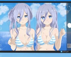 2girls beach big_breasts bikini blue_eyes date_a_live female female_only long_hair murasame_reine only_female photoshoot sheong_wong takamiya_mio white_hair