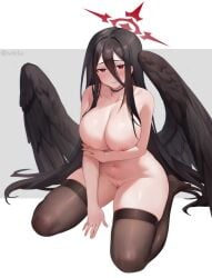 angel_wings arms_under_breasts black_hair black_wings blue_archive blush female_focus halo hasumi_(blue_archive) iwbitu kneeling large_breasts looking_at_viewer nude pussy red_eyes shaved_pussy smile very_long_hair