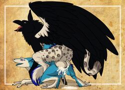 2017 anal anal_sex anthro ass avian balls black_penis blusky cum cum_in_ass cum_inside duo erection feathered_wings feathers feral fur gryphon male nude open_mouth penetration penis sergal sex simple_background tongue wings yaoi zeta_la_angie