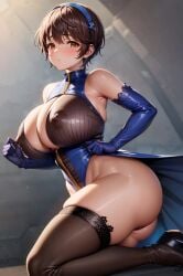 ai_generated bare_legs blush brown_eyes brunette_hair chichiyama gigantic_breasts hairband huge_breasts huge_thighs idolmaster_(classic) idolmaster_cinderella_girls light-skinned_female light_skin looking_at_viewer massive_breasts nipples_visible_through_clothing shizuku_oikawa short_hair solo_female squatting sweat sweatdrop thick_body thick_female thick_thighs thighs voluptuous voluptuous_female