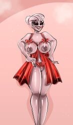 1girls bitterbunz black_eyes breasts fanart hazbin_hotel lingerie looking_at_viewer nipples no_bra pussy_lips rosie_(hazbin_hotel) sagging_breasts sharp_teeth short_hair solo thighs white_hair