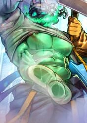 abs big_pecs erect_nipples erection erection_under_clothes gloves handwear headphones headwear janitor_thresh large_pectorals league_of_legends male male_focus male_only muscular muscular_male nipples pecs penis penis_visible_through_pants shirt shirt_lift solo solo_male the_grind_series thresh underwear vorusuarts washing