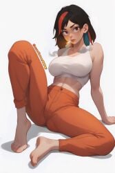 ai_assisted ai_generated arm_support bangs barefoot black_hair breasts brown_eyes cigarette creamybiscuit feet large_breasts lips midriff multicolored_hair navel orange_pants pants prisoner red_hair smoke smoking spread_legs streaked_hair tank_top toes two_tone_hair white_tank_top