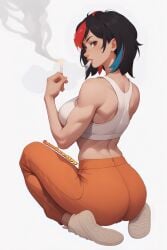 ai_assisted ai_generated ass black_hair blue_hair breasts brown_eyes cigarette creamybiscuit crop_top from_behind large_breasts looking_back multicolored_hair orange_pants pants prisoner red_hair shoes short_hair smoke smoking sneakers sports_bra squatting streaked_hair tank_top two_tone_hair white_footwear white_tank_top